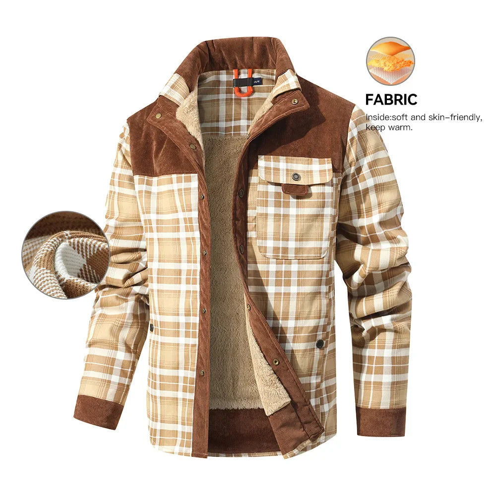 Herrjacka Vinter Rutig Sherpa Fodrad Flanell Casual Bomberjacka