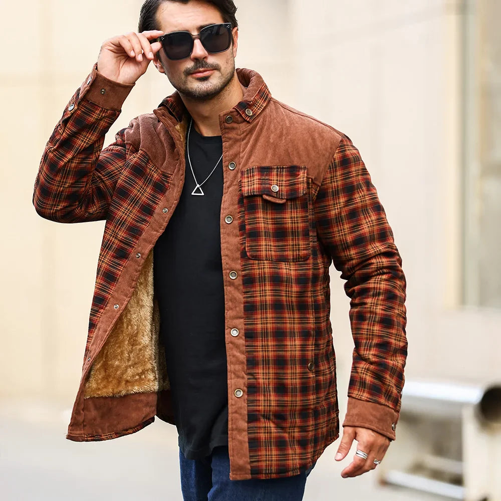 Herrjacka Vinter Rutig Sherpa Fodrad Flanell Casual Bomberjacka
