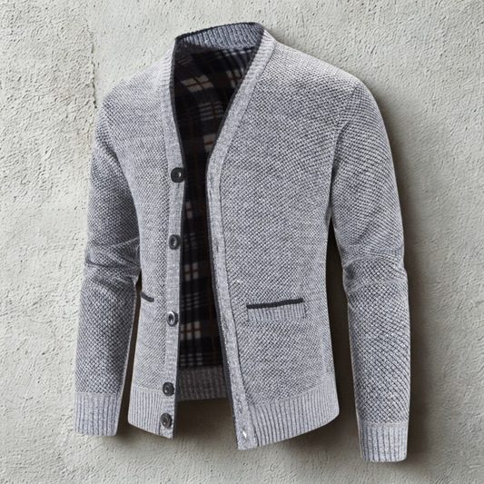 Herrkofta – Slim Fit – Stickad Ullblandning – V-ringning – Knäppning – Fickor
