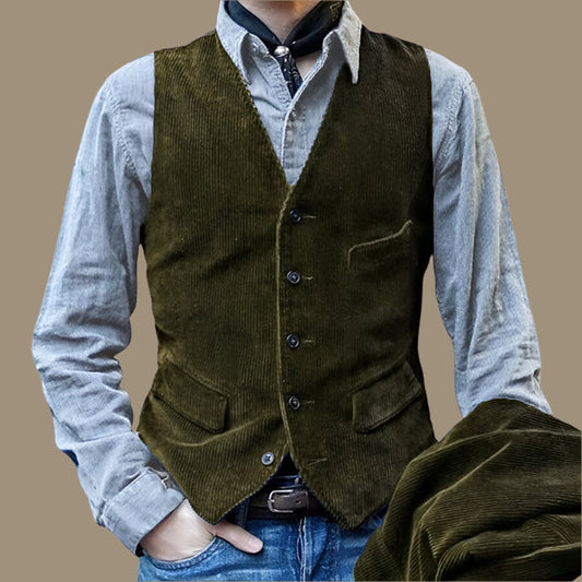 Herrväst – Skräddarsydd Passform – Mjuk struktur – Knäppning Fram – Vintage Stil