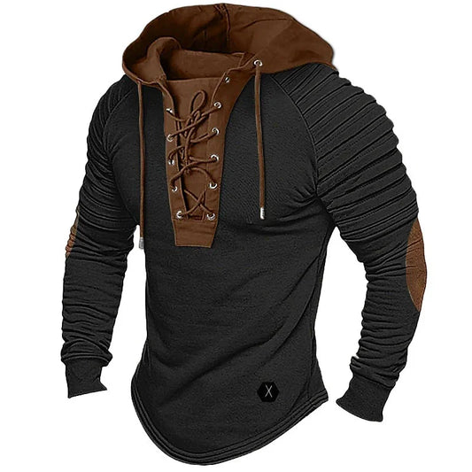 Herr Hooded Pullover – Slim Fit – Snörad V-ringning – Plisserade ärmar – Rundad fåll