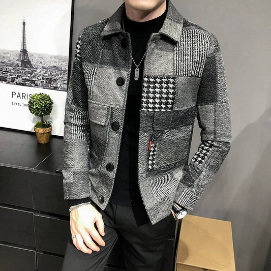 Herrjacka – Ullmaterial – Slim Fit – Rutigt Patchwork – Knäppning med Bröstfickor