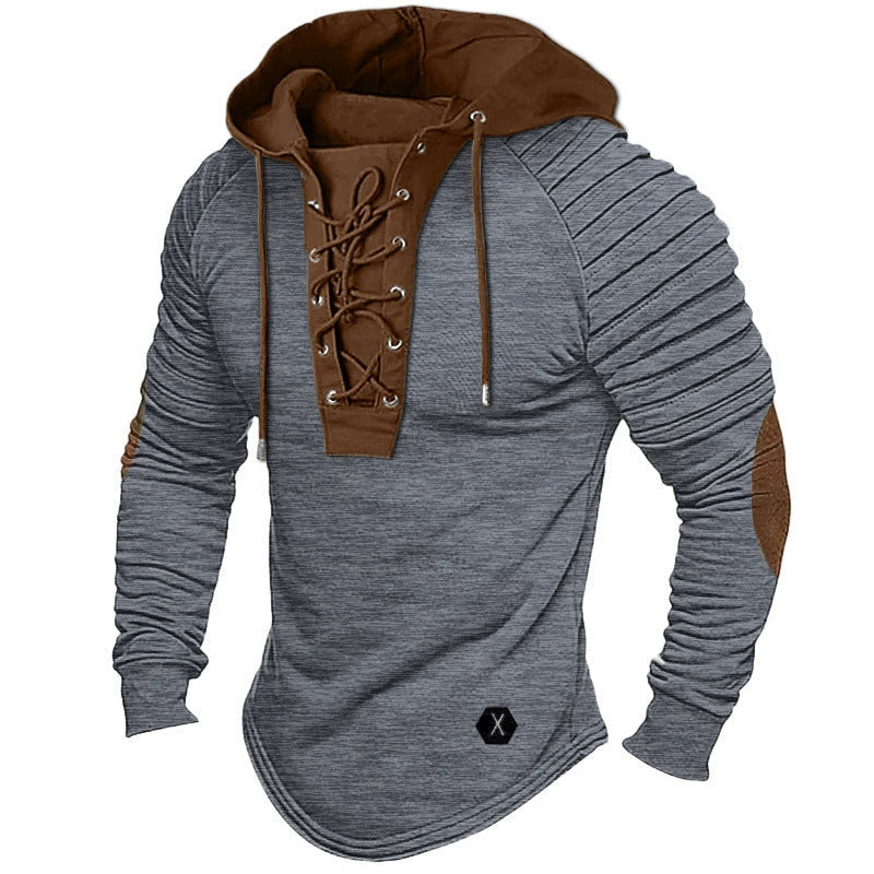 Herr Hooded Pullover – Slim Fit – Snörad V-ringning – Plisserade ärmar – Rundad fåll