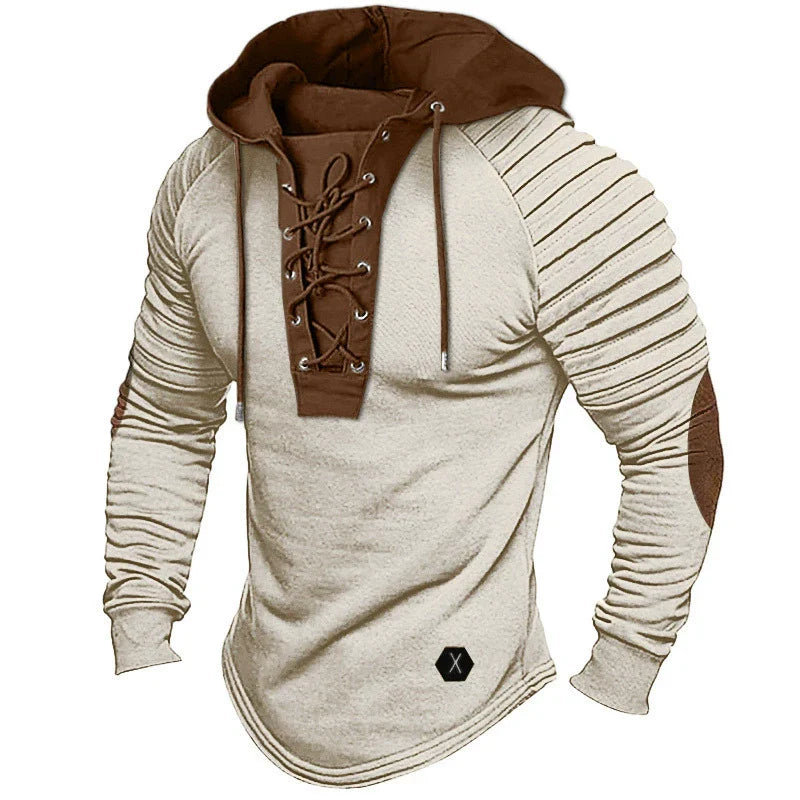 Herr Hooded Pullover – Slim Fit – Snörad V-ringning – Plisserade ärmar – Rundad fåll