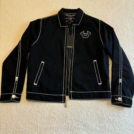 Retro Y2K denimjacka med läder, broderade bokstäver, motorcykelstil, tjock herrjacka
