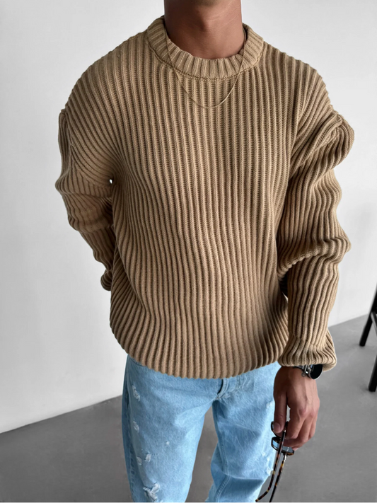 Oversize Rundhalsad Brun Tröja För Herr | Ideal för Hösten/Vintern