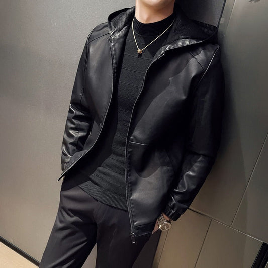 Herrjacka med Huva – Slim Fit – Glansig Yta – Paneler – Dragkedja – Elastiska Muddar